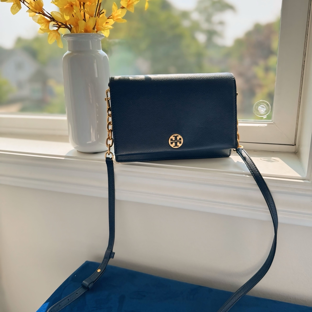 Tory Burch Blue and Gold Crossbody Bag with Sleek Design